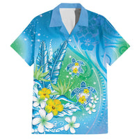 Hawaii Honu Family Matching Off The Shoulder Long Sleeve Dress and Hawaiian Shirt Tropical Flowers Blue Gradient LT05 Dad's Shirt - Short Sleeve Blue - Polynesian Pride
