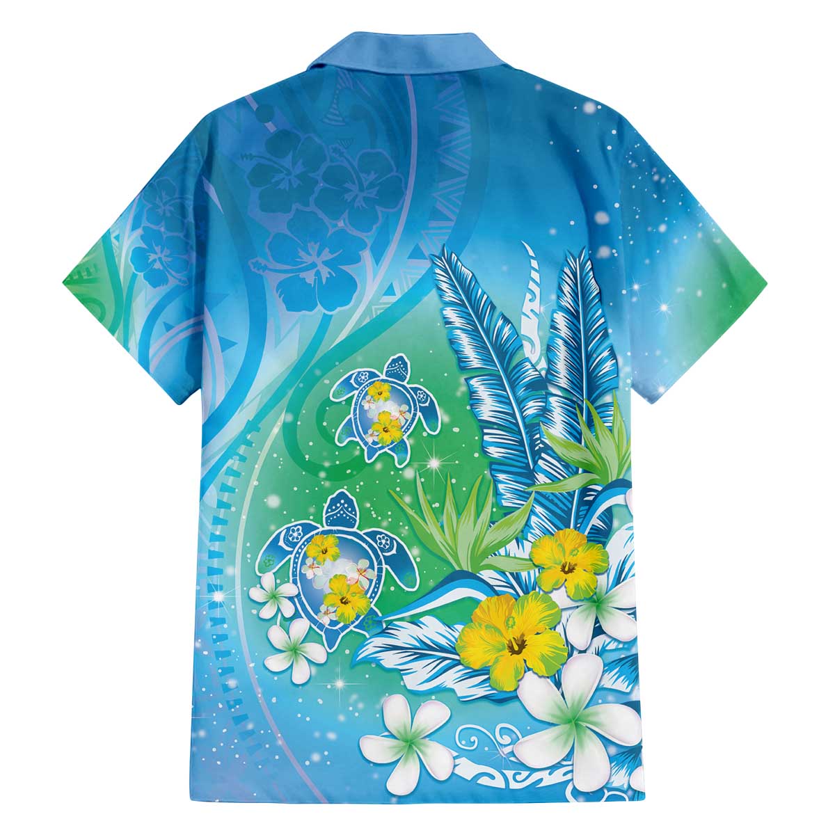Hawaii Honu Family Matching Off The Shoulder Long Sleeve Dress and Hawaiian Shirt Tropical Flowers Blue Gradient LT05 - Polynesian Pride