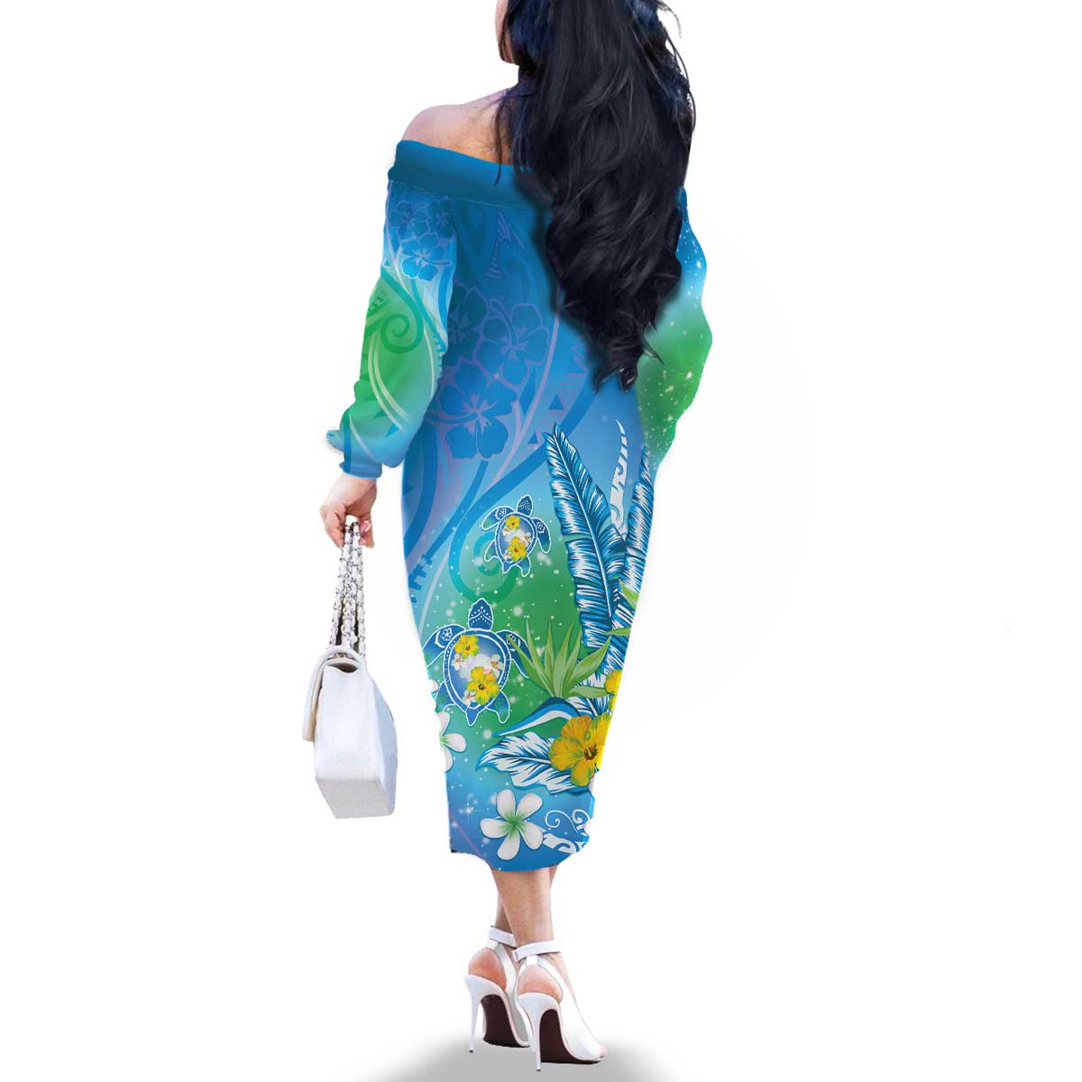 Hawaii Honu Family Matching Off The Shoulder Long Sleeve Dress and Hawaiian Shirt Tropical Flowers Blue Gradient LT05 - Polynesian Pride