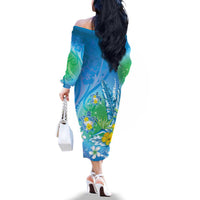 Hawaii Honu Family Matching Off The Shoulder Long Sleeve Dress and Hawaiian Shirt Tropical Flowers Blue Gradient LT05 - Polynesian Pride