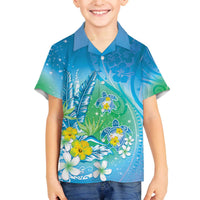 Hawaii Honu Family Matching Off The Shoulder Long Sleeve Dress and Hawaiian Shirt Tropical Flowers Blue Gradient LT05 Son's Shirt Blue - Polynesian Pride