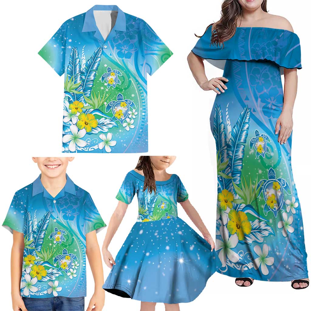 Hawaii Honu Family Matching Off Shoulder Maxi Dress and Hawaiian Shirt Tropical Flowers Blue Gradient LT05 - Polynesian Pride
