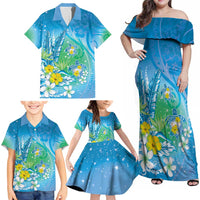Hawaii Honu Family Matching Off Shoulder Maxi Dress and Hawaiian Shirt Tropical Flowers Blue Gradient LT05 - Polynesian Pride