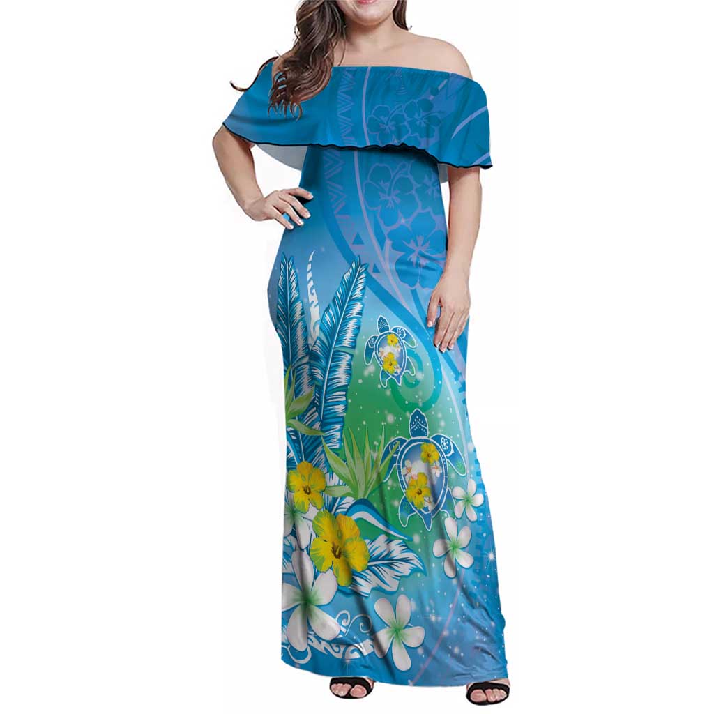 Hawaii Honu Family Matching Off Shoulder Maxi Dress and Hawaiian Shirt Tropical Flowers Blue Gradient LT05 Mom's Dress Blue - Polynesian Pride