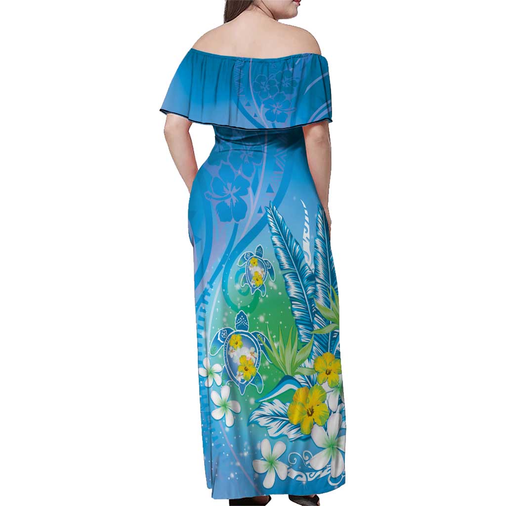 Hawaii Honu Family Matching Off Shoulder Maxi Dress and Hawaiian Shirt Tropical Flowers Blue Gradient LT05 - Polynesian Pride