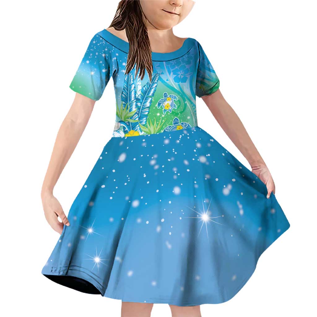 Hawaii Honu Family Matching Off Shoulder Short Dress and Hawaiian Shirt Tropical Flowers Blue Gradient LT05 Daughter's Dress Blue - Polynesian Pride