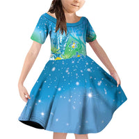 Hawaii Honu Family Matching Off Shoulder Short Dress and Hawaiian Shirt Tropical Flowers Blue Gradient LT05 Daughter's Dress Blue - Polynesian Pride