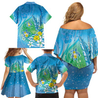 Hawaii Honu Family Matching Off Shoulder Short Dress and Hawaiian Shirt Tropical Flowers Blue Gradient LT05 - Polynesian Pride