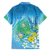 Hawaii Honu Family Matching Off Shoulder Short Dress and Hawaiian Shirt Tropical Flowers Blue Gradient LT05 - Polynesian Pride