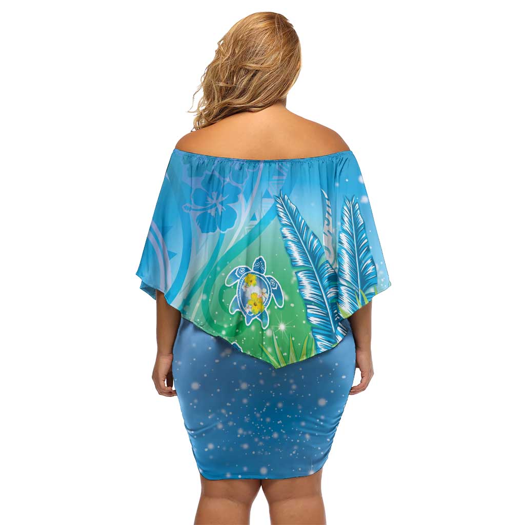 Hawaii Honu Family Matching Off Shoulder Short Dress and Hawaiian Shirt Tropical Flowers Blue Gradient LT05 - Polynesian Pride