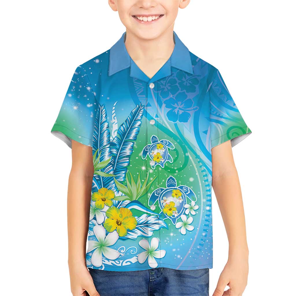 Hawaii Honu Family Matching Off Shoulder Short Dress and Hawaiian Shirt Tropical Flowers Blue Gradient LT05 Son's Shirt Blue - Polynesian Pride