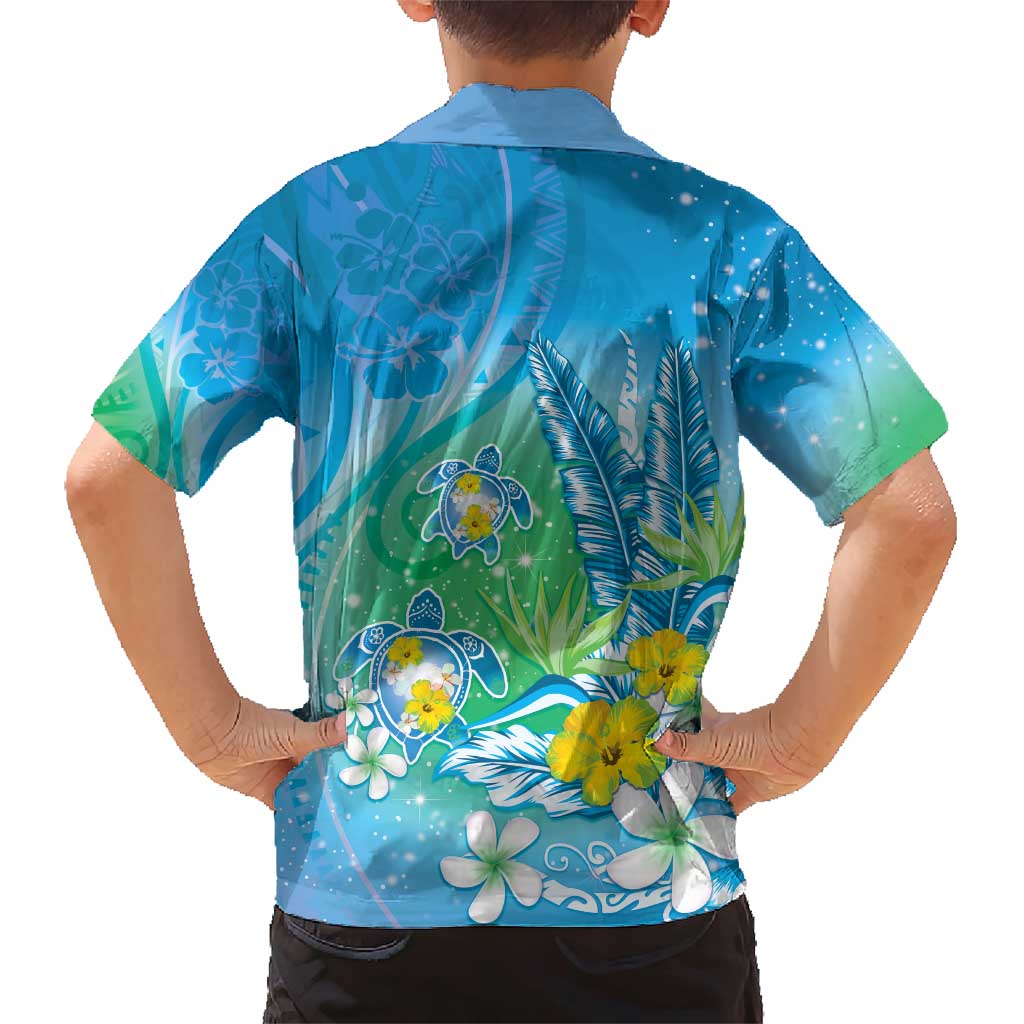Hawaii Honu Family Matching Short Sleeve Bodycon Dress and Hawaiian Shirt Tropical Flowers Blue Gradient LT05 - Polynesian Pride