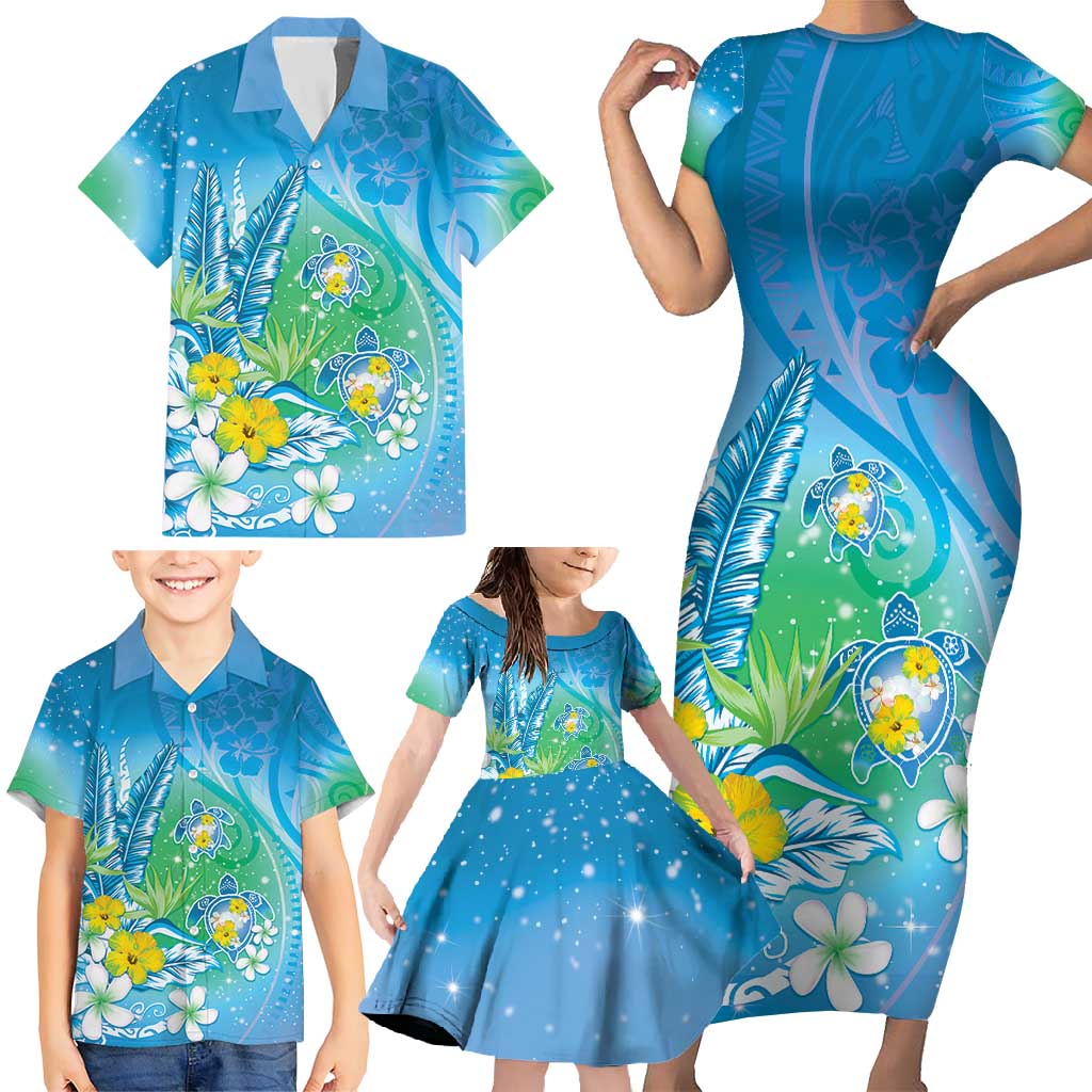 Hawaii Honu Family Matching Short Sleeve Bodycon Dress and Hawaiian Shirt Tropical Flowers Blue Gradient LT05 - Polynesian Pride