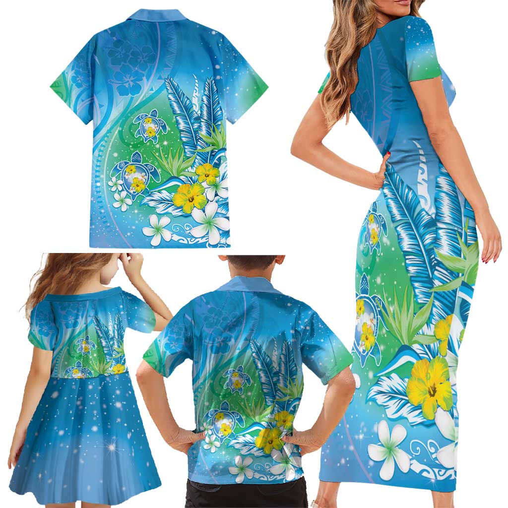 Hawaii Honu Family Matching Short Sleeve Bodycon Dress and Hawaiian Shirt Tropical Flowers Blue Gradient LT05 - Polynesian Pride