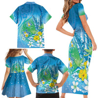 Hawaii Honu Family Matching Short Sleeve Bodycon Dress and Hawaiian Shirt Tropical Flowers Blue Gradient LT05 - Polynesian Pride