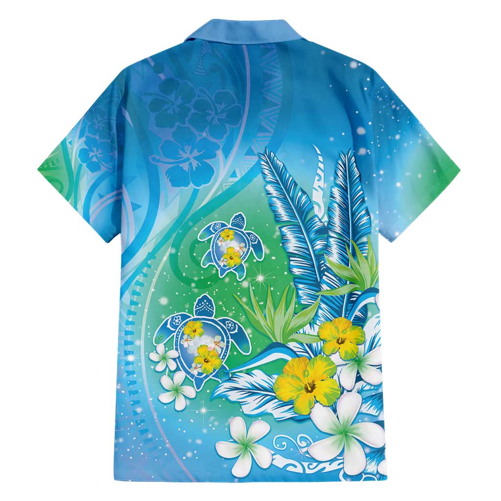 Hawaii Honu Family Matching Short Sleeve Bodycon Dress and Hawaiian Shirt Tropical Flowers Blue Gradient LT05 - Polynesian Pride