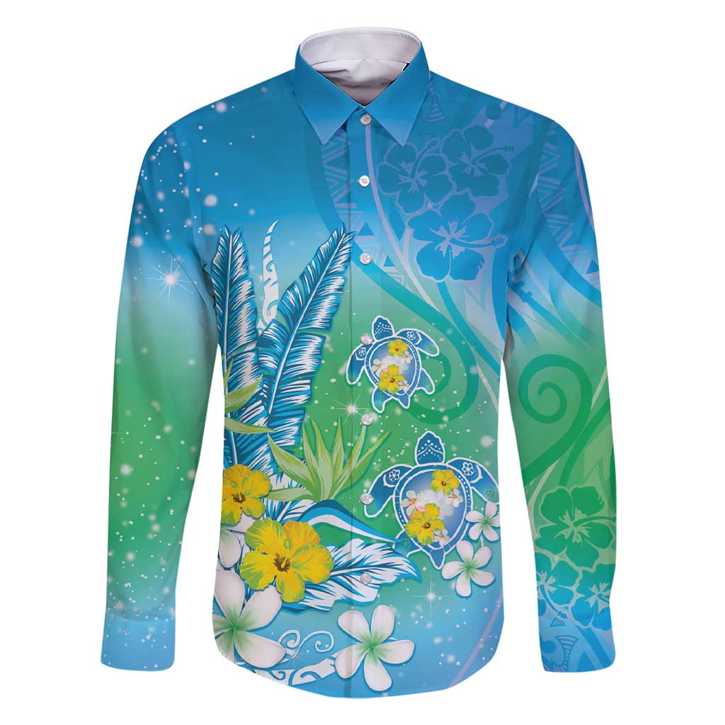 Hawaii Honu Family Matching Short Sleeve Bodycon Dress and Hawaiian Shirt Tropical Flowers Blue Gradient LT05 Dad's Shirt - Long Sleeve Blue - Polynesian Pride