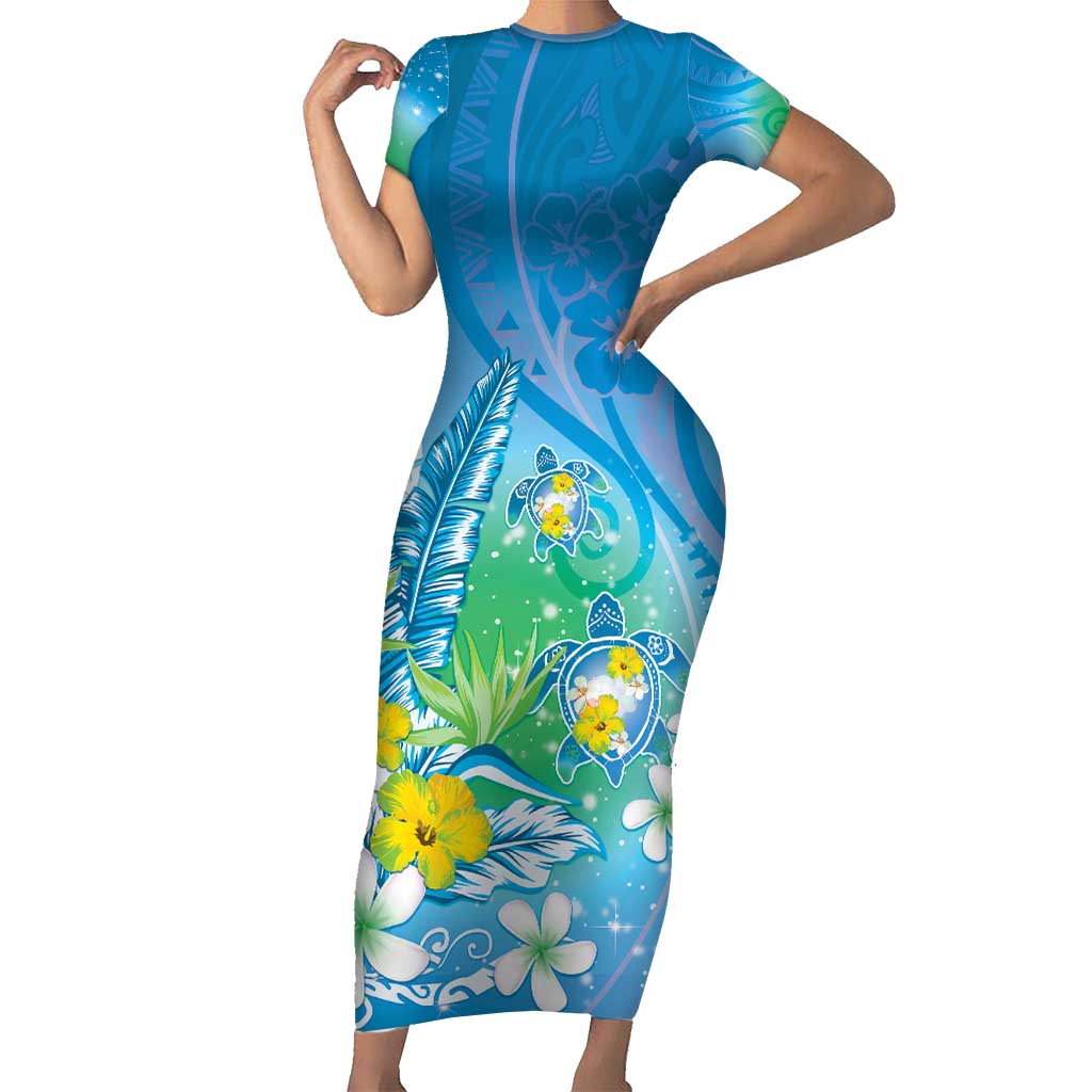 Hawaii Honu Family Matching Short Sleeve Bodycon Dress and Hawaiian Shirt Tropical Flowers Blue Gradient LT05 Mom's Dress Blue - Polynesian Pride