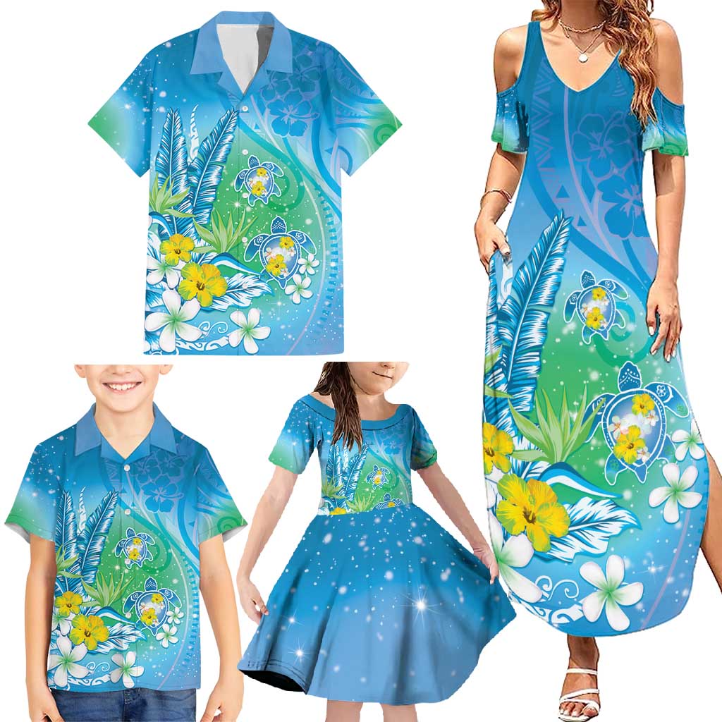 Hawaii Honu Family Matching Summer Maxi Dress and Hawaiian Shirt - Tropical Flowers Blue Gradient LT05 - Polynesian Pride