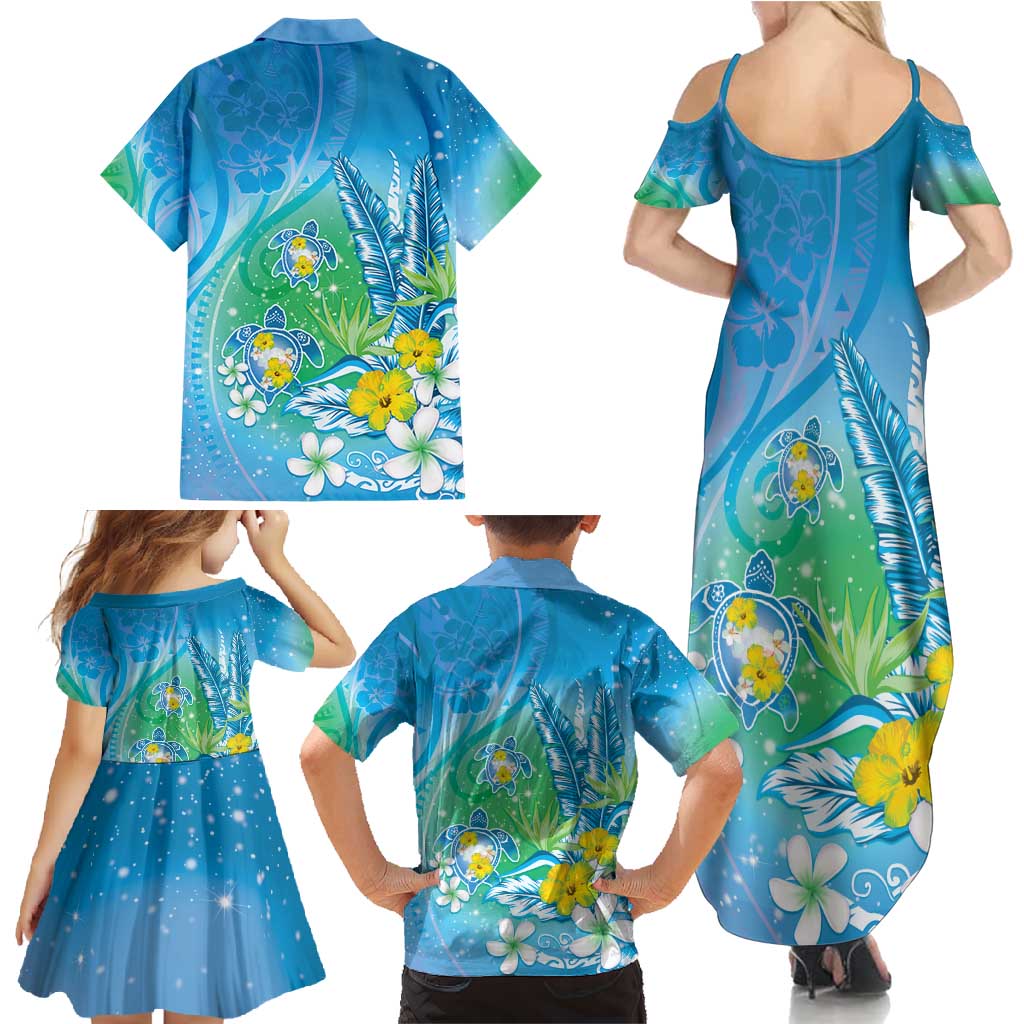 Hawaii Honu Family Matching Summer Maxi Dress and Hawaiian Shirt - Tropical Flowers Blue Gradient LT05 - Polynesian Pride