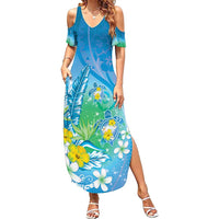 Hawaii Honu Family Matching Summer Maxi Dress and Hawaiian Shirt - Tropical Flowers Blue Gradient LT05 Mom's Dress Blue - Polynesian Pride