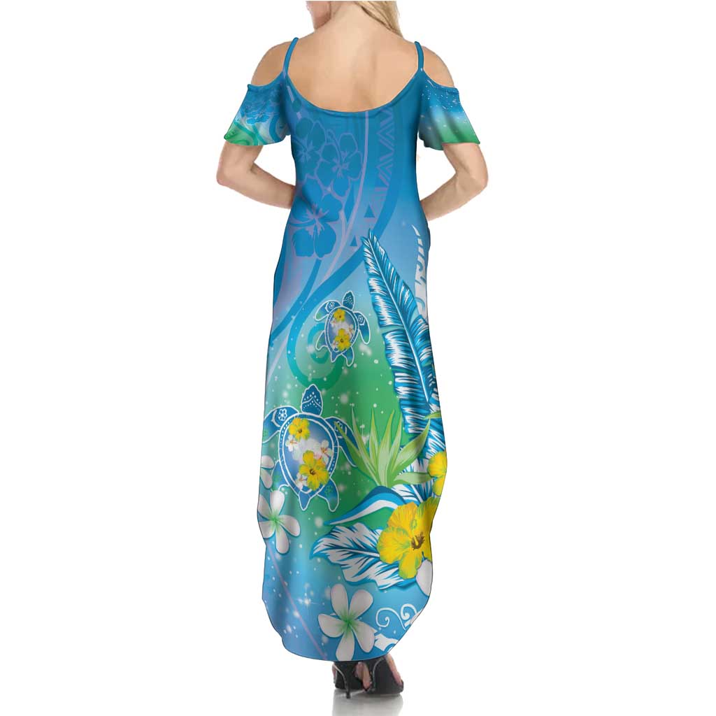 Hawaii Honu Family Matching Summer Maxi Dress and Hawaiian Shirt - Tropical Flowers Blue Gradient LT05 - Polynesian Pride
