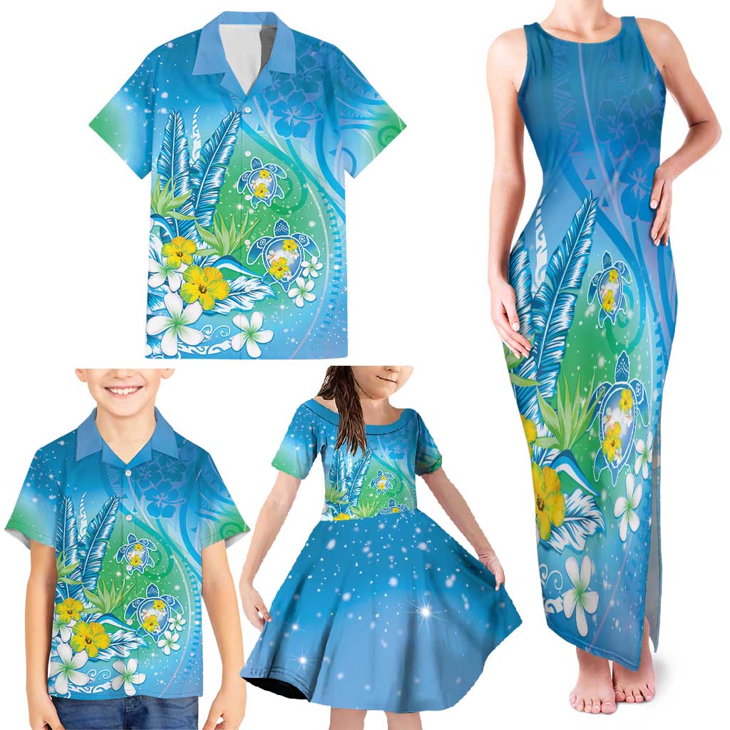 Hawaii Honu Family Matching Tank Maxi Dress and Hawaiian Shirt - Tropical Flowers Blue Gradient LT05 - Polynesian Pride
