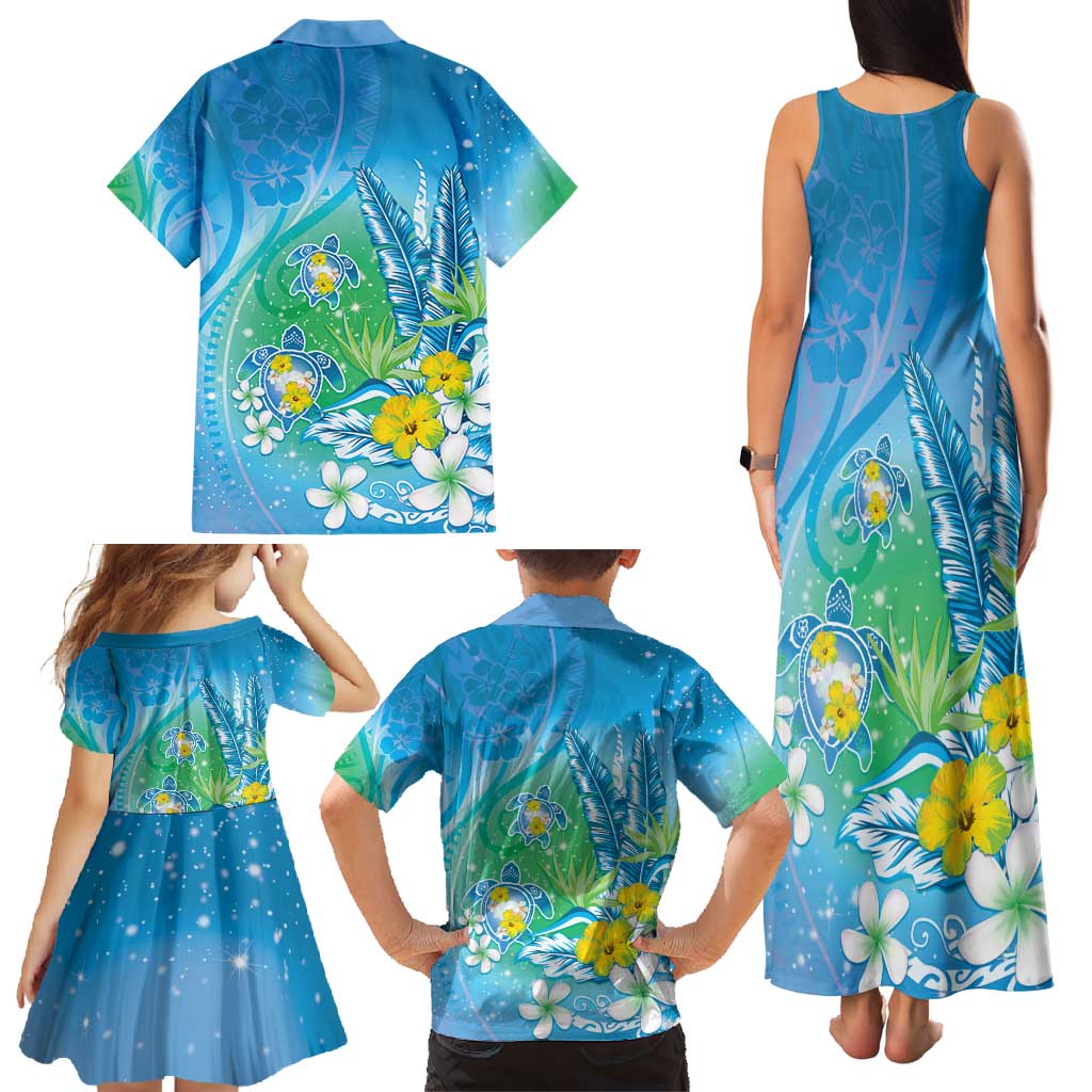 Hawaii Honu Family Matching Tank Maxi Dress and Hawaiian Shirt - Tropical Flowers Blue Gradient LT05 - Polynesian Pride