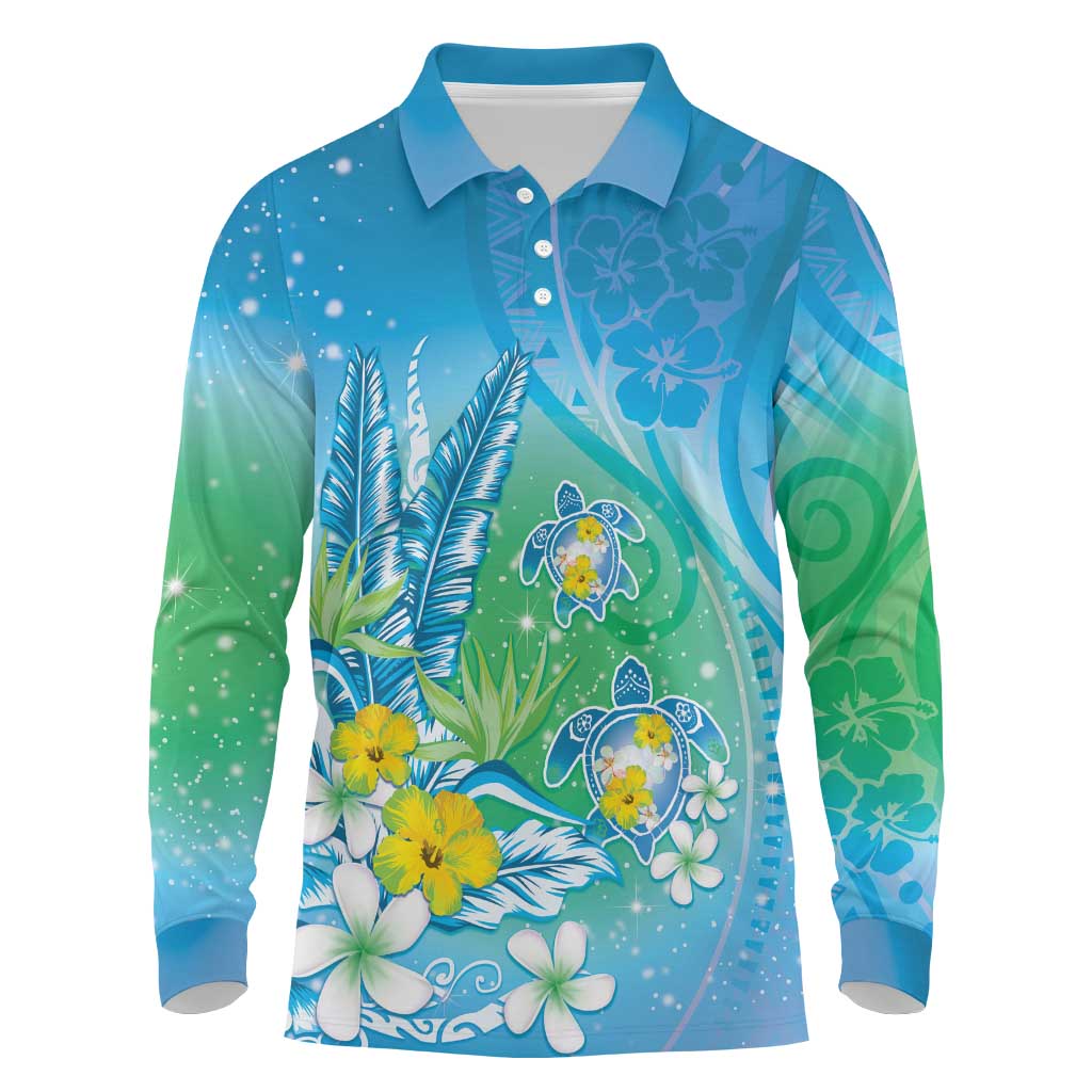 Hawaii Honu Long Sleeve Polo Shirt - Tropical Flowers Blue Gradient LT05 Blue - Polynesian Pride