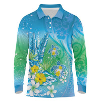 Hawaii Honu Long Sleeve Polo Shirt - Tropical Flowers Blue Gradient LT05 Blue - Polynesian Pride