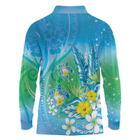 Hawaii Honu Long Sleeve Polo Shirt - Tropical Flowers Blue Gradient LT05 - Polynesian Pride