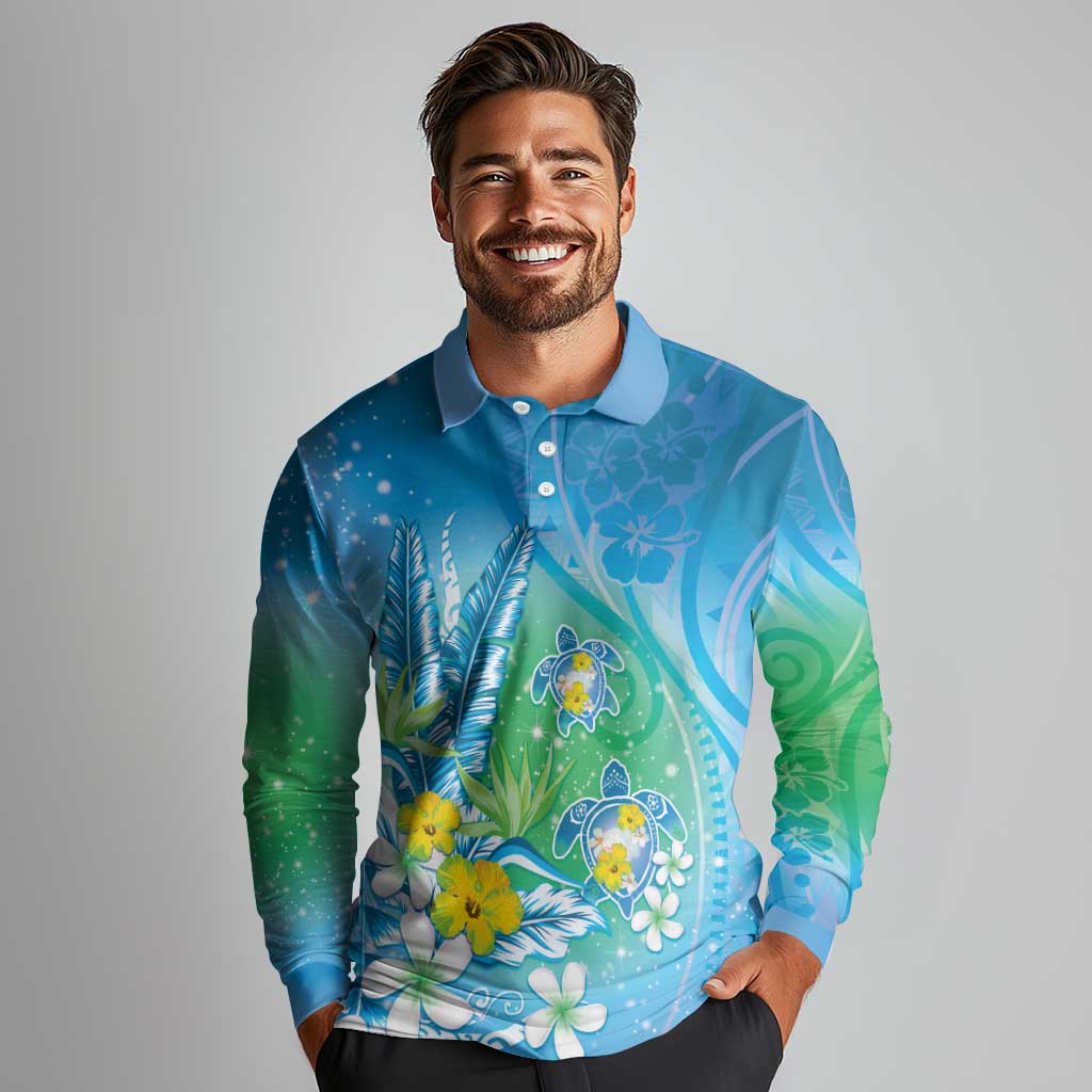 Hawaii Honu Long Sleeve Polo Shirt - Tropical Flowers Blue Gradient LT05 - Polynesian Pride
