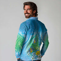 Hawaii Honu Long Sleeve Polo Shirt - Tropical Flowers Blue Gradient LT05 - Polynesian Pride