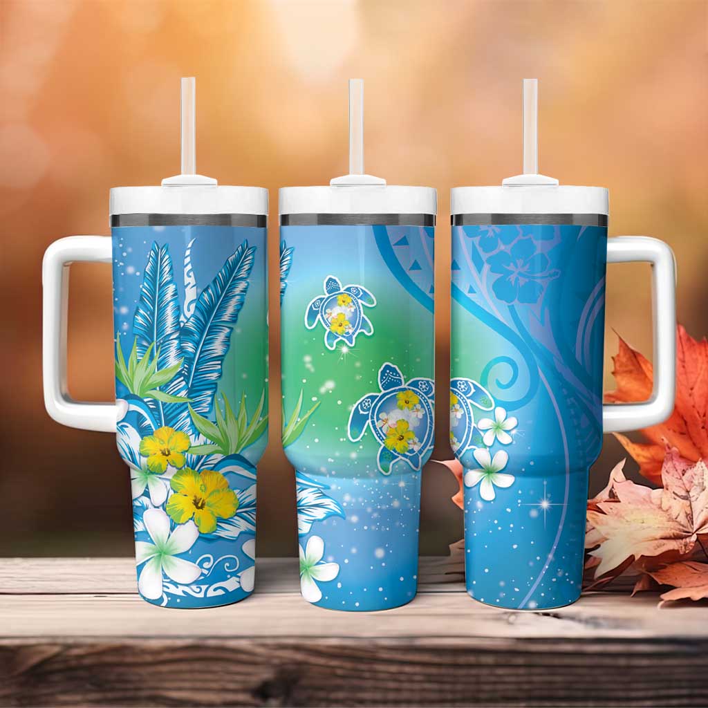 Hawaii Honu Tumbler With Handle Tropical Flowers Blue Gradient