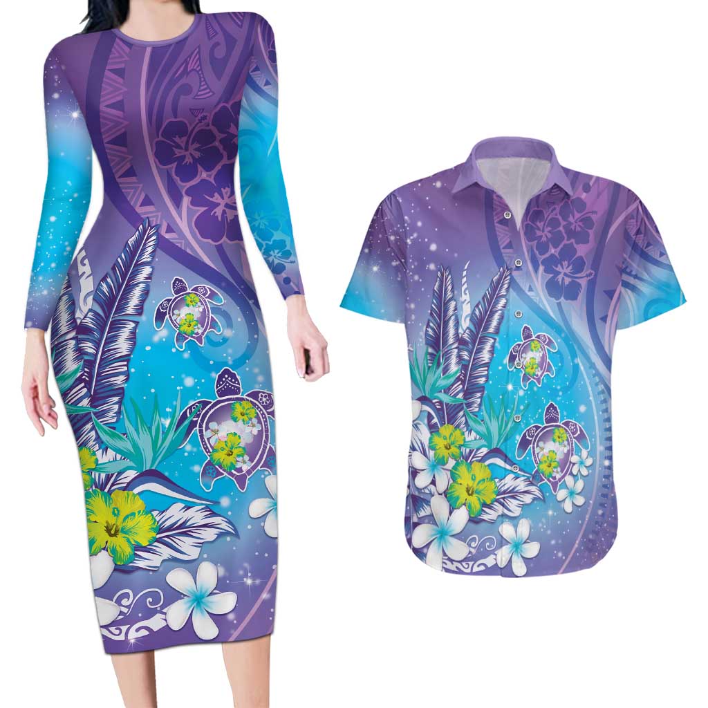 Hawaii Honu Couples Matching Long Sleeve Bodycon Dress and Hawaiian Shirt Tropical Flowers Purple Gradient LT05 Purple - Polynesian Pride