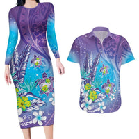 Hawaii Honu Couples Matching Long Sleeve Bodycon Dress and Hawaiian Shirt Tropical Flowers Purple Gradient LT05 Purple - Polynesian Pride