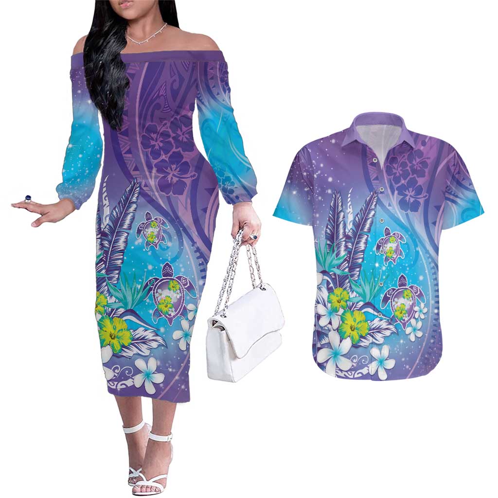 Hawaii Honu Couples Matching Off The Shoulder Long Sleeve Dress and Hawaiian Shirt Tropical Flowers Purple Gradient LT05 Purple - Polynesian Pride