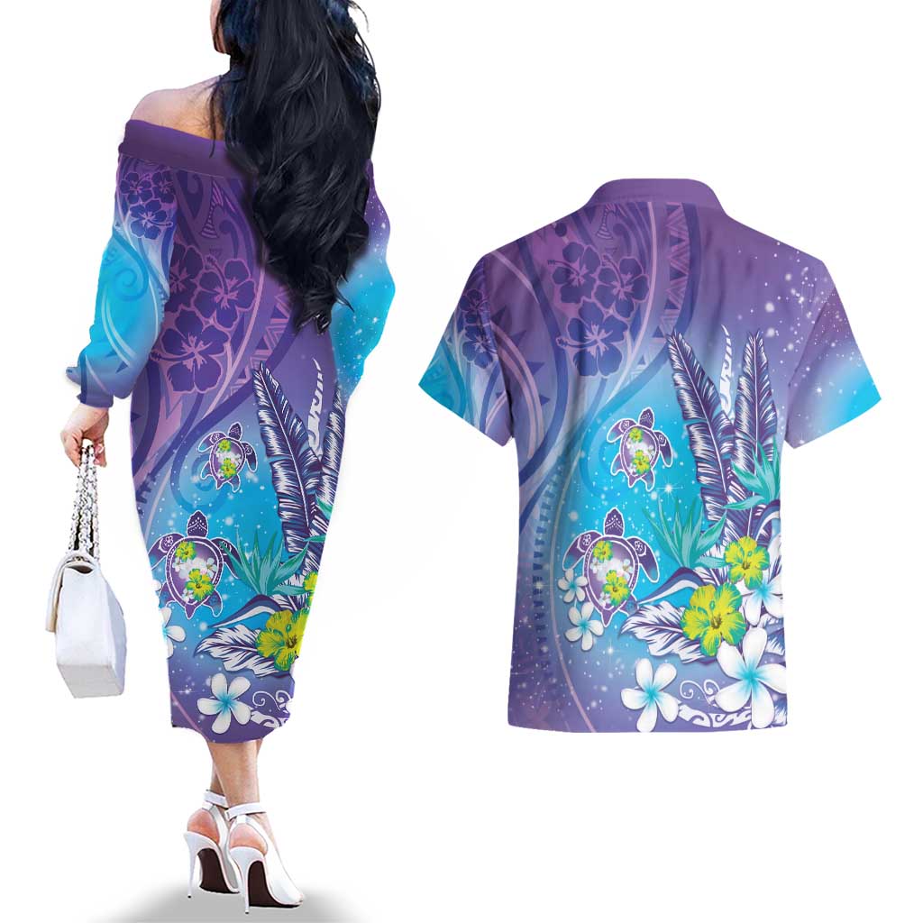 Hawaii Honu Couples Matching Off The Shoulder Long Sleeve Dress and Hawaiian Shirt Tropical Flowers Purple Gradient LT05 - Polynesian Pride