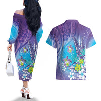 Hawaii Honu Couples Matching Off The Shoulder Long Sleeve Dress and Hawaiian Shirt Tropical Flowers Purple Gradient LT05 - Polynesian Pride