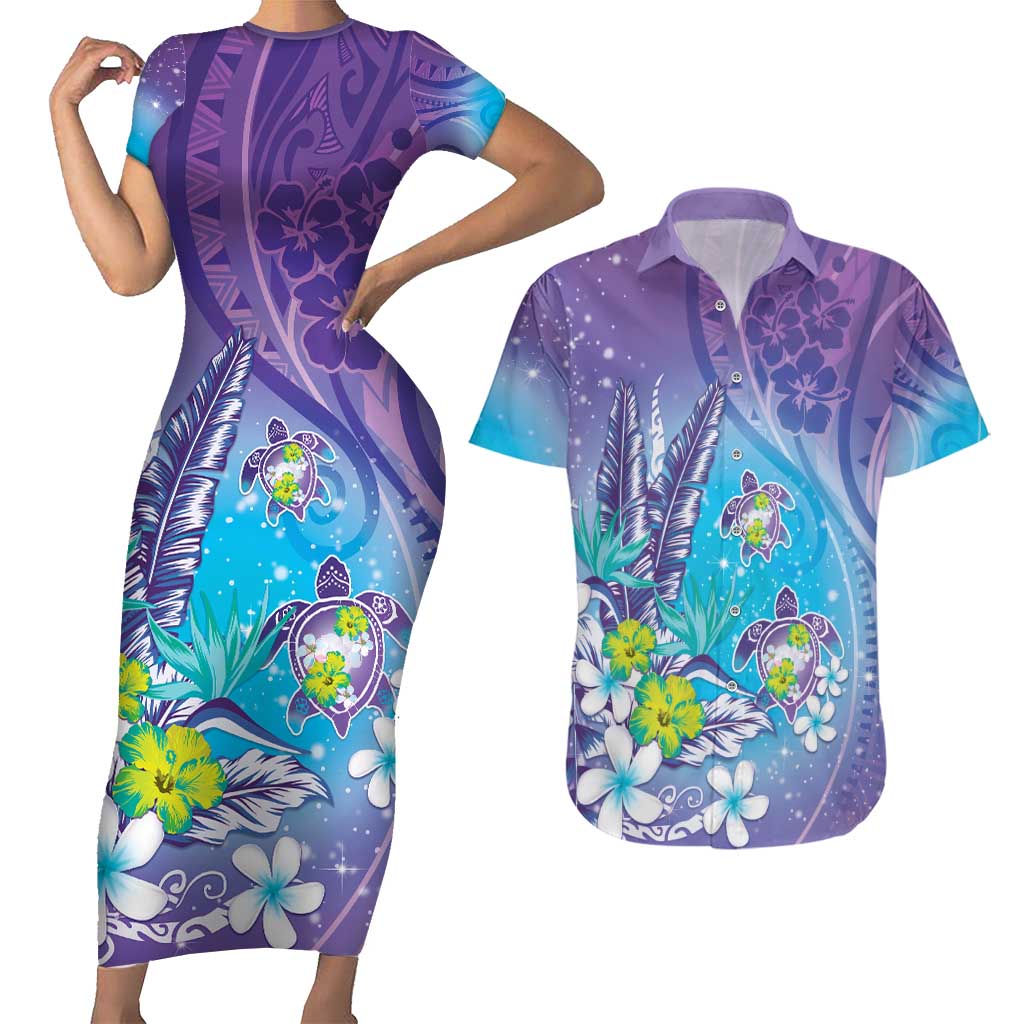 Hawaii Honu Couples Matching Short Sleeve Bodycon Dress and Hawaiian Shirt Tropical Flowers Purple Gradient LT05 Purple - Polynesian Pride