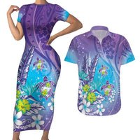 Hawaii Honu Couples Matching Short Sleeve Bodycon Dress and Hawaiian Shirt Tropical Flowers Purple Gradient LT05 Purple - Polynesian Pride