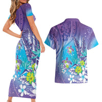 Hawaii Honu Couples Matching Short Sleeve Bodycon Dress and Hawaiian Shirt Tropical Flowers Purple Gradient LT05 - Polynesian Pride