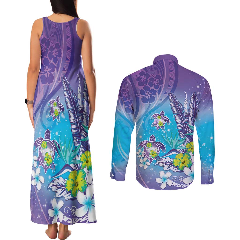 Hawaii Honu Couples Matching Tank Maxi Dress and Long Sleeve Button Shirt Tropical Flowers Purple Gradient