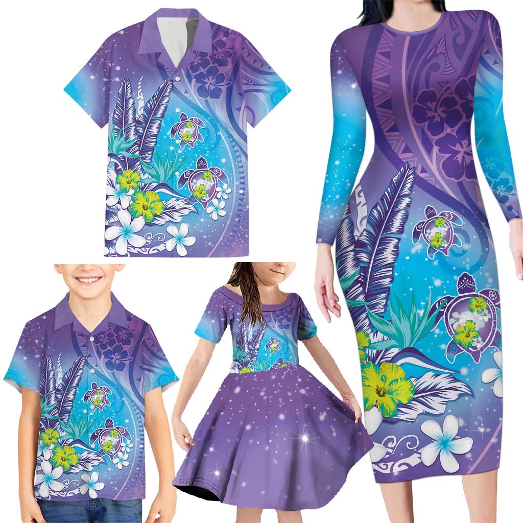 Hawaii Honu Family Matching Long Sleeve Bodycon Dress and Hawaiian Shirt Tropical Flowers Purple Gradient LT05 - Polynesian Pride