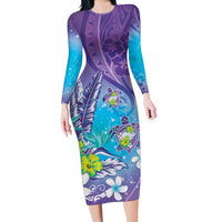 Hawaii Honu Family Matching Long Sleeve Bodycon Dress and Hawaiian Shirt Tropical Flowers Purple Gradient LT05 Mom's Dress Purple - Polynesian Pride