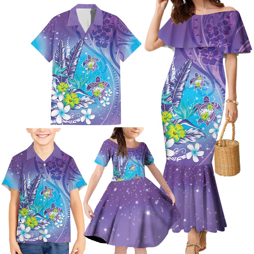 Hawaii Honu Family Matching Mermaid Dress and Hawaiian Shirt Tropical Flowers Purple Gradient LT05 - Polynesian Pride