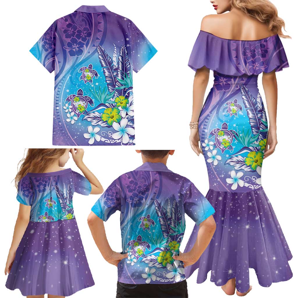 Hawaii Honu Family Matching Mermaid Dress and Hawaiian Shirt Tropical Flowers Purple Gradient LT05 - Polynesian Pride