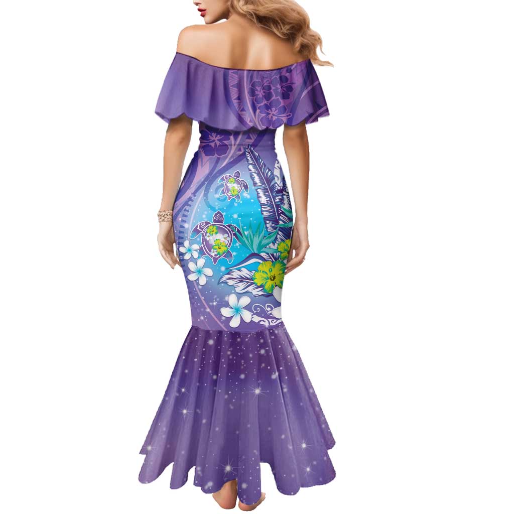 Hawaii Honu Family Matching Mermaid Dress and Hawaiian Shirt Tropical Flowers Purple Gradient LT05 - Polynesian Pride