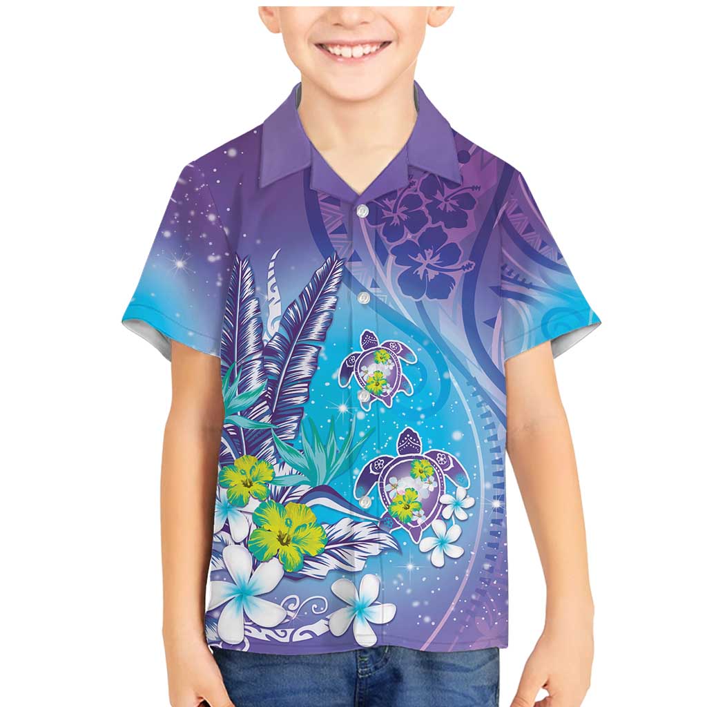 Hawaii Honu Family Matching Mermaid Dress and Hawaiian Shirt Tropical Flowers Purple Gradient LT05 Son's Shirt Purple - Polynesian Pride
