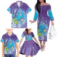 Hawaii Honu Family Matching Off The Shoulder Long Sleeve Dress and Hawaiian Shirt Tropical Flowers Purple Gradient LT05 - Polynesian Pride